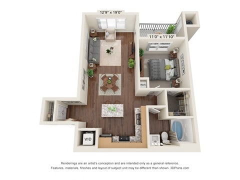 Floor plan for 1 bed, 1 bath, 702 sqft